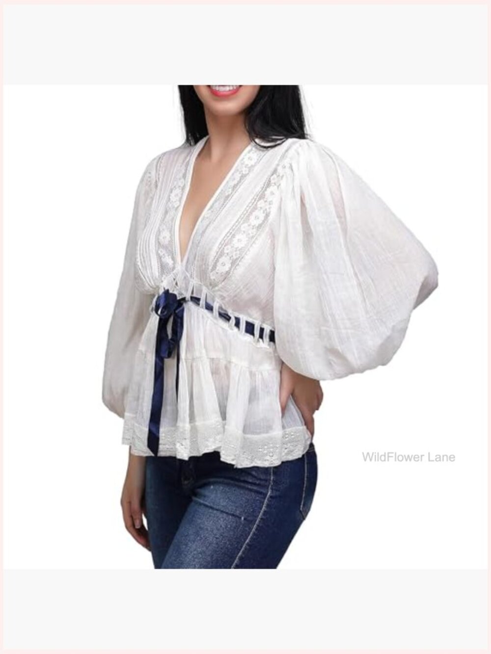 Sheer Lace Trim Puff Sleeve Blouse Tie Front Flowy Peplum Tunic - Picture 5 of 7